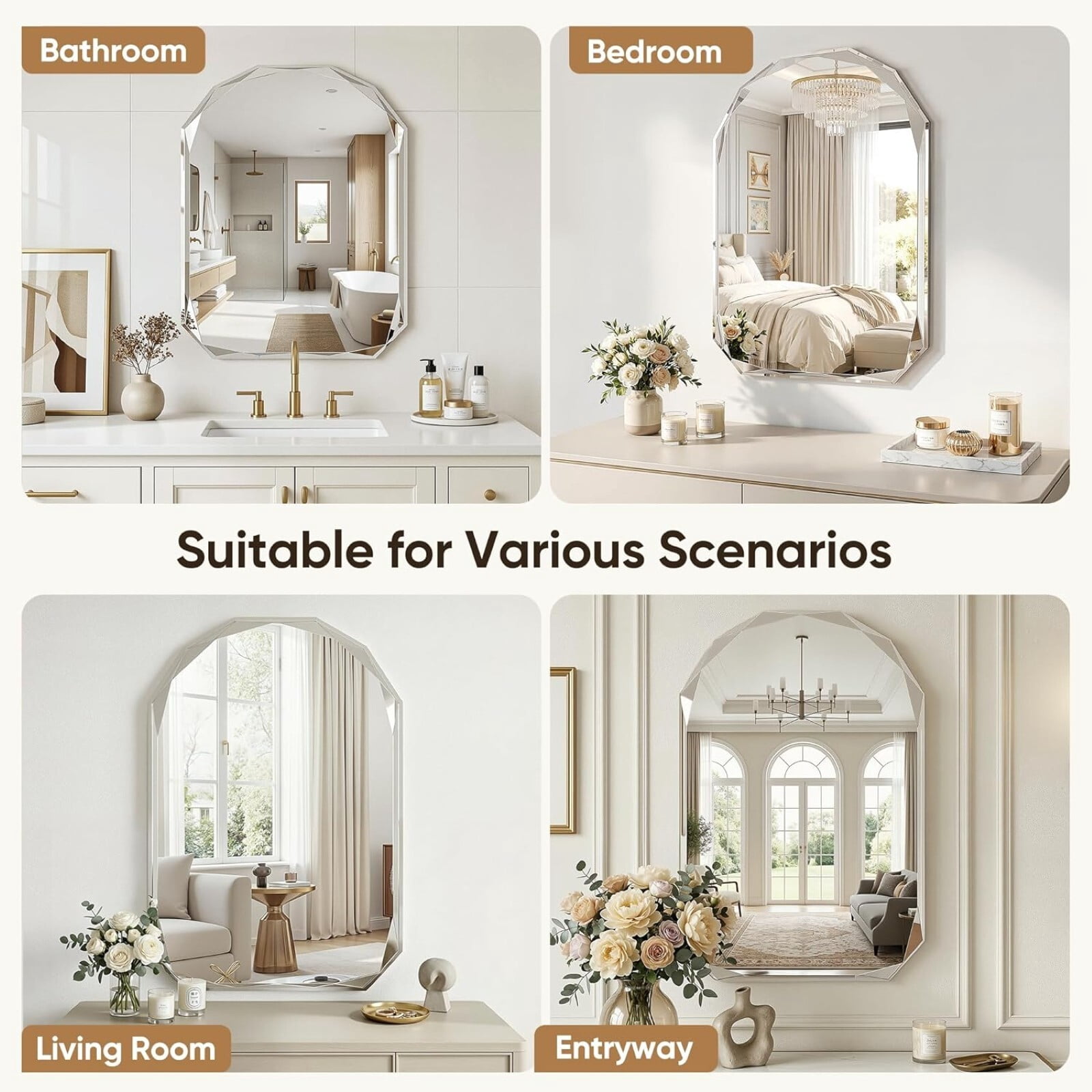 Gleamira 30"x40" Frameless Arched Bathroom Mirror Beveled Diamond Edge Wall Mirror Vanity Decorative Mirror