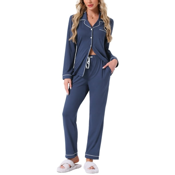 Conjunto de pijamas para mujeres INSPIRE CHIC de manga larga, con botones, cuello de muesca, ropa de casa y pantalones con cordón y bolsillos XL azul oscuro