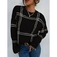 thumbnail image 2 of Checkered Knit Sweater for Women Fall Winter Casual Crew Neck Pullover Sweaters Color Block Tops Black S, 2 of 7