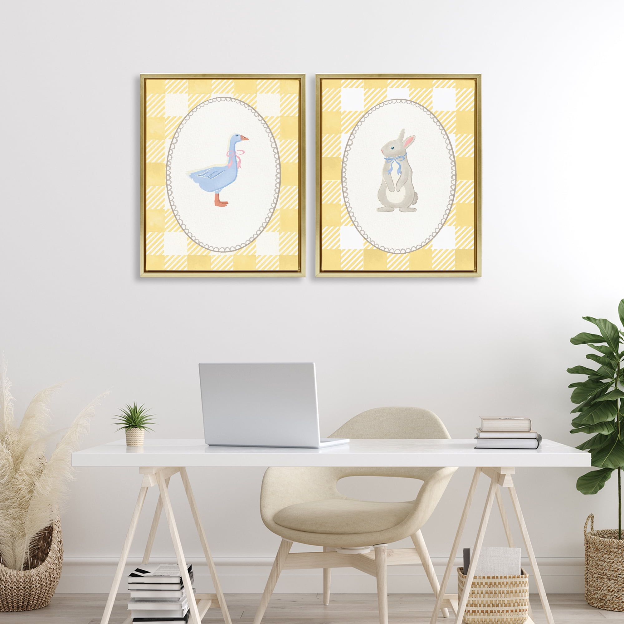 Stupell Industries Goose & Bunny Yellow Gingham 2 Piece Gold Framed Floater Canvas Set, design by The Paper Curator