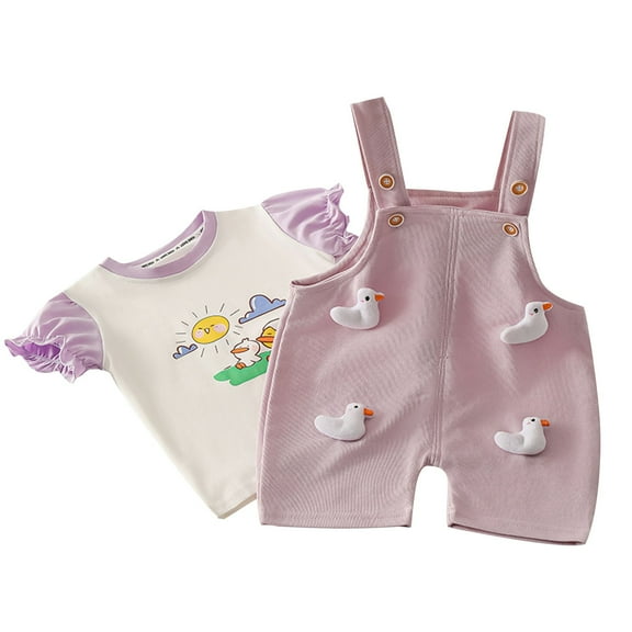 Odeerbi 0-5 Years Infant Girls Outfits Duck Bib Overall Shorts with Cotton Short Sleeve T-shirt Set Summer Strap Romper Jumpsuit Playsuit