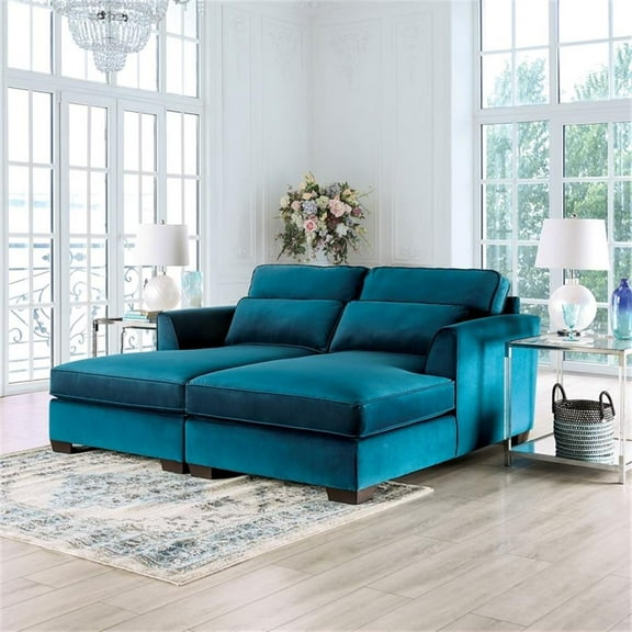 Bowery Hill Fabric Upholstered Teal Sectional with Double Chaise