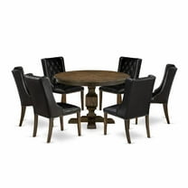 East West Furniture 7 Piece Kitchen Dining Table Set Consists of a Dinner Table and 6 Black PU Leather Dining Room Chairs with Button Tufted Back - Distressed Jacobean Finish
