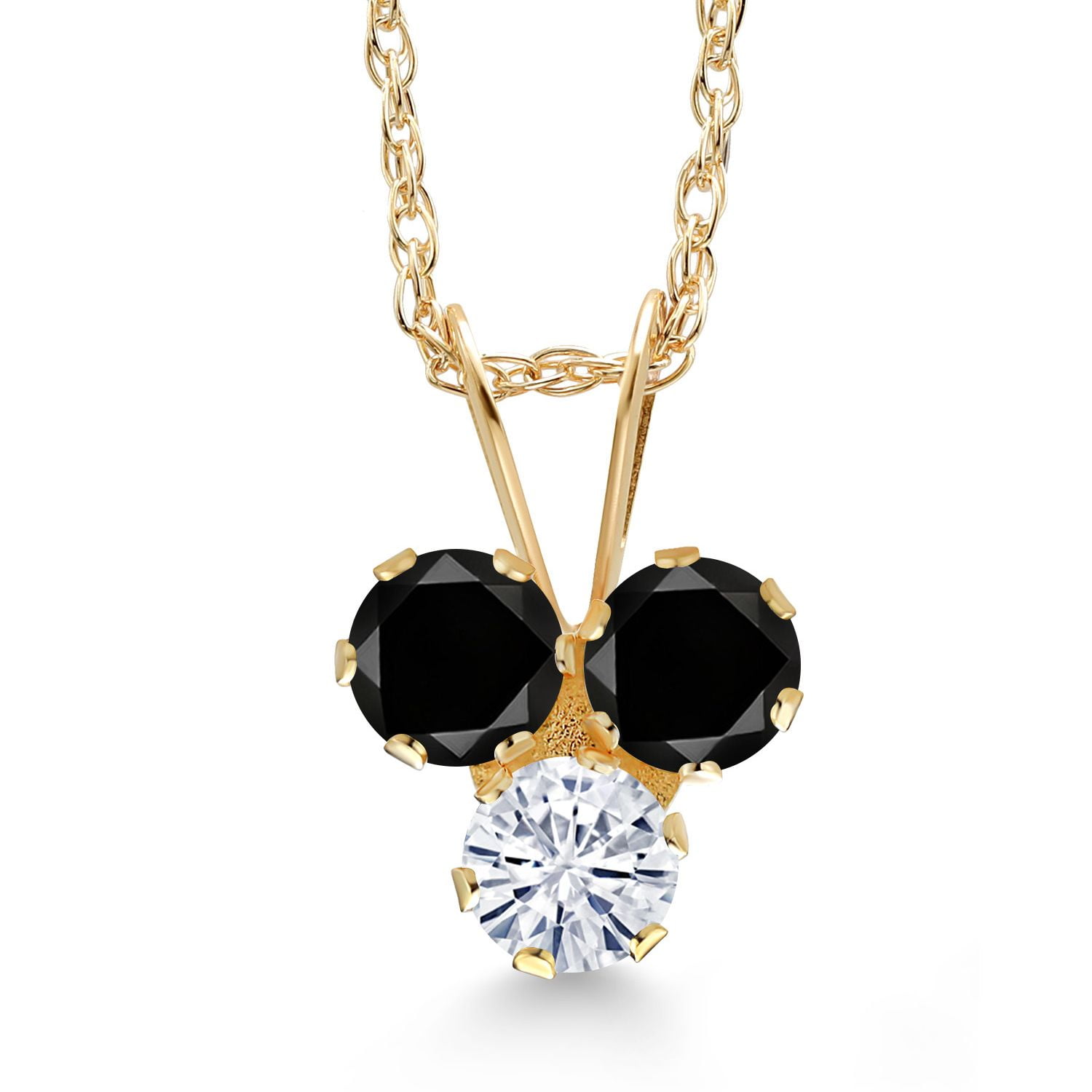 Gem Stone King 14K Yellow Gold Black Diamond and White Moissanite 3-Stone Pendant Necklace for Women (0.30 Cttw, Gemstone April Birthstone, Round 3MM, 18 inch Chain)