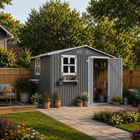 LQLI 10x8 FT Outdoor Metal Storage Shed with Window & Flower Rack, Lockable Double Doors Tool Shed, Waterproof Weatherproof Garden Shed for Backyard Patio, Gray