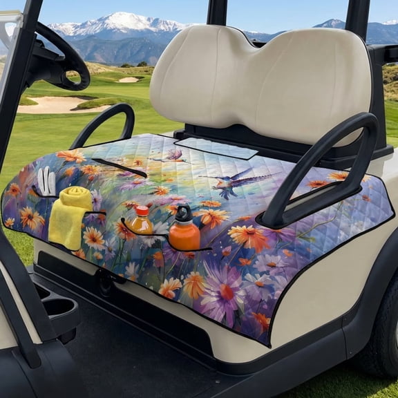 Xixirimido Golf Cart Seat Cover with 4 Pocket Quilted Golf Cart Seat Blanket Universal Club Car Seats Towel Fits 2-Person Carts Golf Carts Accessories, Hummingbird Colorful Daisy