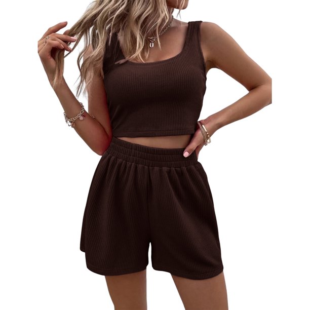 Trajes De Dos Piezas Conjunto de muebles para el hogar para mujer, suelto, sin mangas, de punto, para ocasiones diarias (café M) Cgtredaw Para estrenar