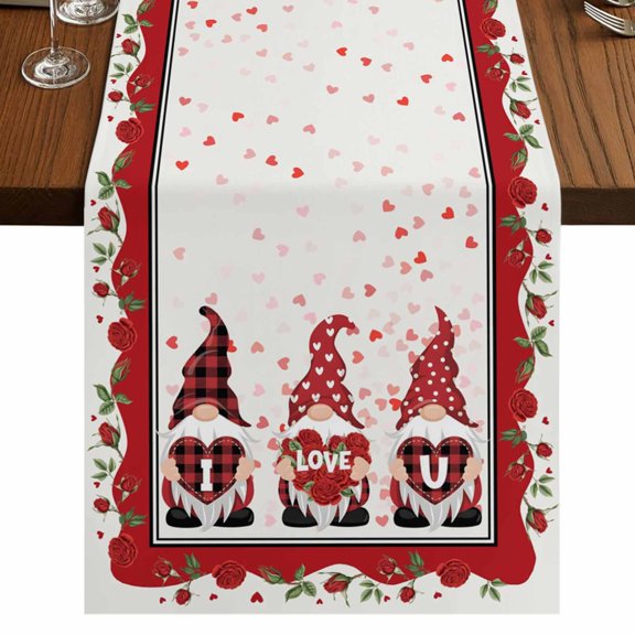 Table Runners 72 Inches Long Dress Scarves, Valentine's Day Farmhouse Kitchen Table Runner, Coffee Tablerunners, Love Heart Roses Gnomes Romantic 13x72 Inch