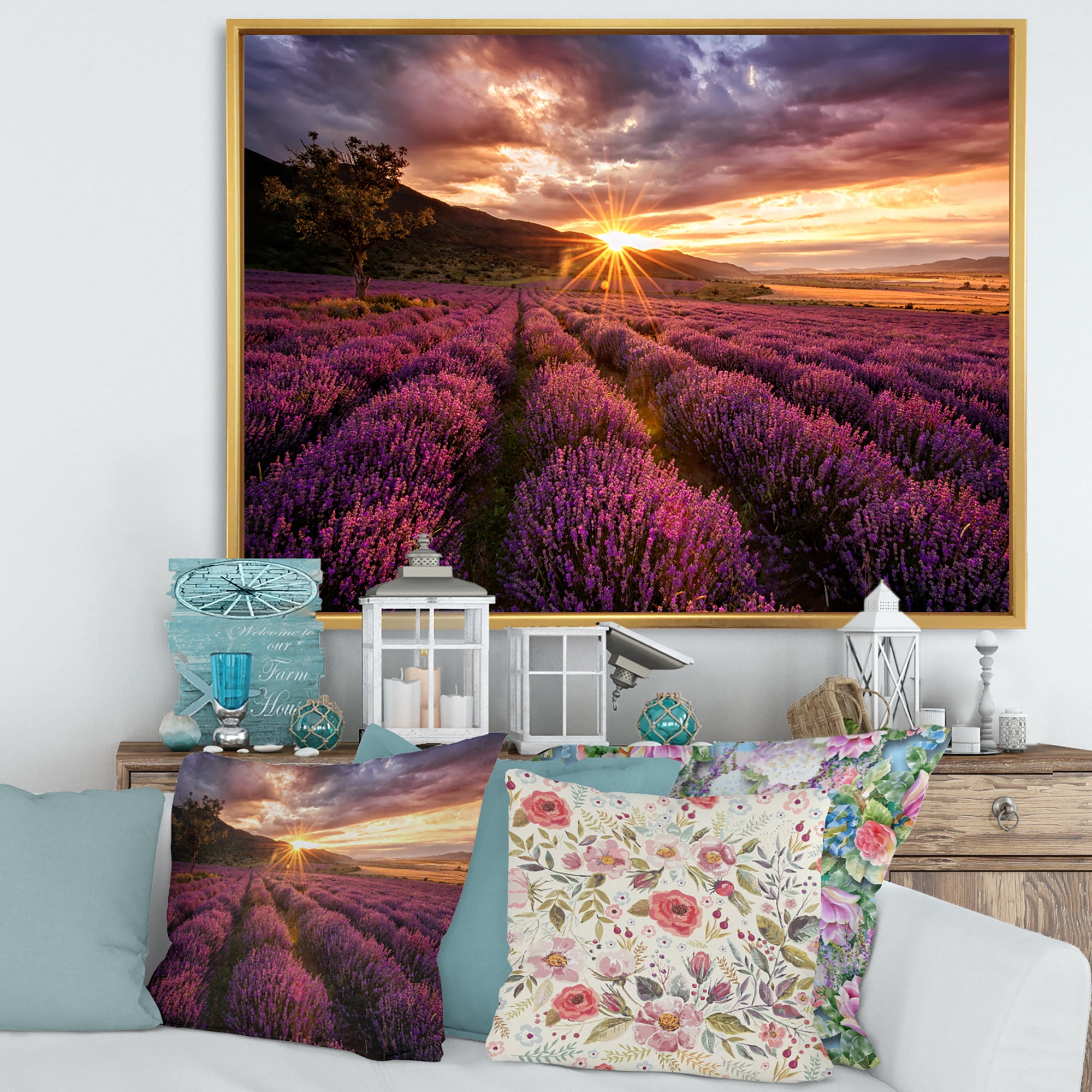Designart 'Dramatic Clouds and Sunrise Over Lavender Field IV' Farmhouse Framed Canvas Wall Art Print