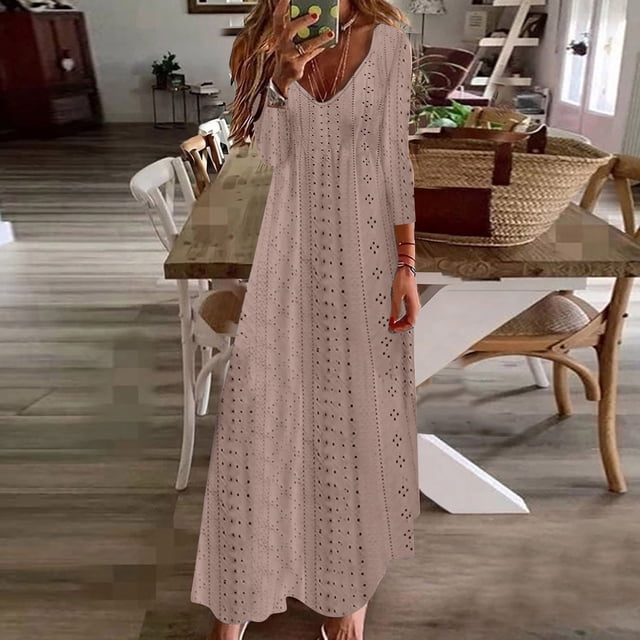 50 % de Rabais! Robe d'Été pour Femmes, Style Décontracté de Vacances, Robe Longue Ajourée, Couleur Unie, Manches 3/4, Col en V, Kaki, TG