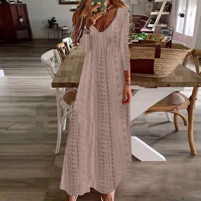 Long Dress Loose Holiday Dresses Kmdttou Women Casual Holiday Style Hollow  Out Long Dress Solid