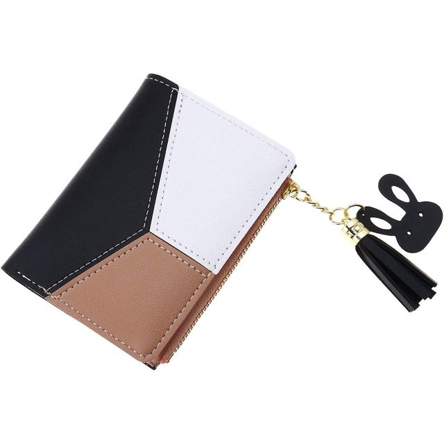Bolsa de herramientas Titular de la tarjeta de crédito Carteras de cuero de la PU plegables para mujeres Damas Bolsillos con cremallera con múltiples ranuras Colgante de borlas Cremallera delgada