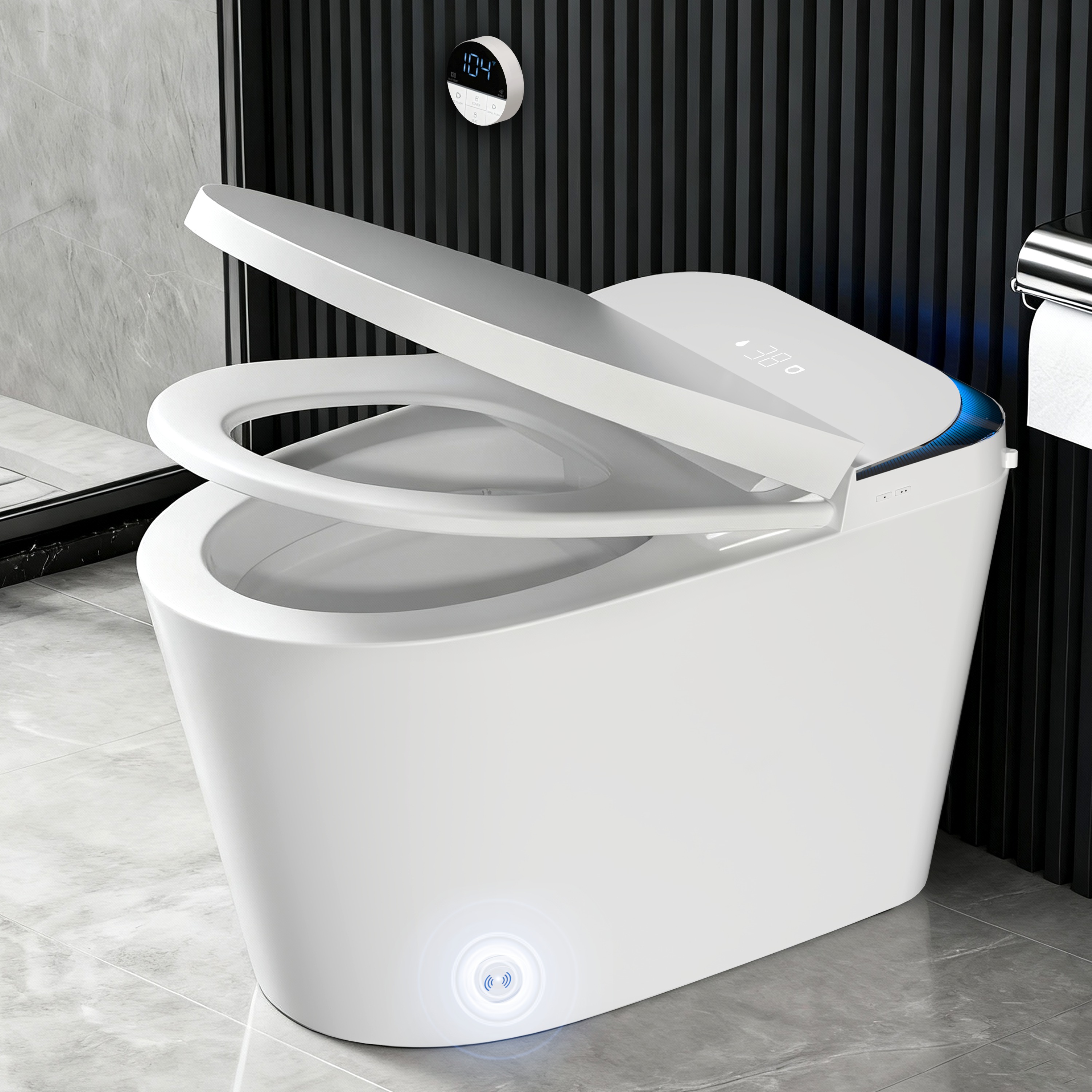 Smart Toilet with Radar Auto Lid, Foot Sensor Control, Heated Seat & Foam Shield - LED Display, Dual Flush & Energy-Saving Mode