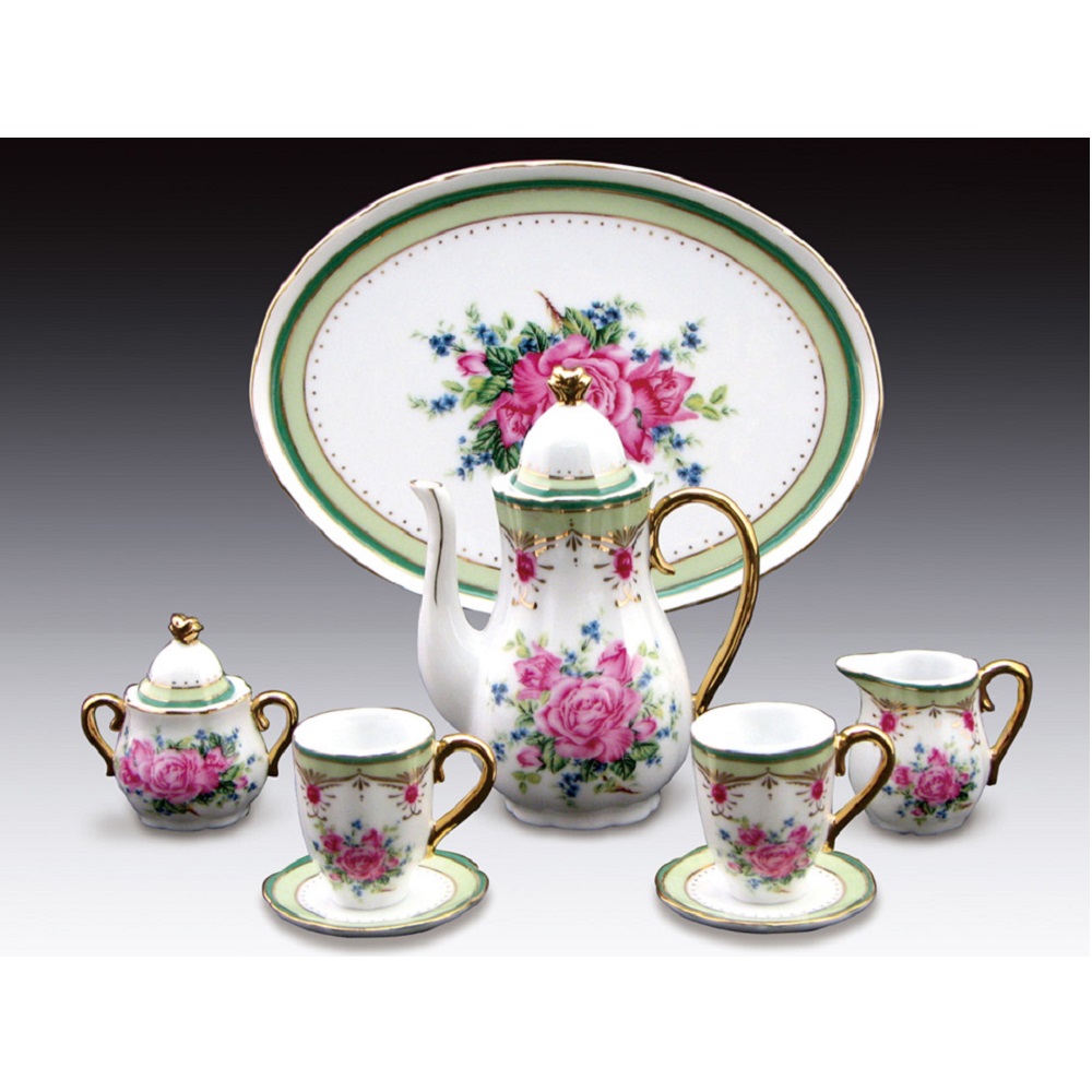Miniature Porcelain 10 Piece Tea Set with Pink Rose and Blue Flower