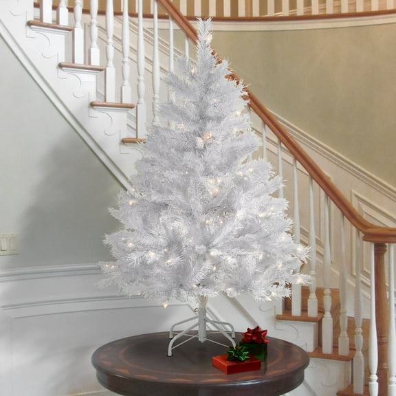 National Tree Company 4.5 ft. Pre-Lit Artificial Winchester Pine Christmas Tree, White, Silver Glitter, 150 Clear Lights, Includes Stand