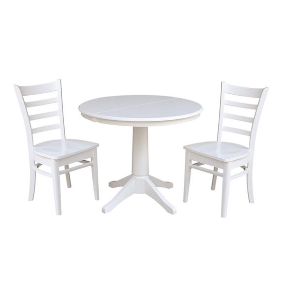36" Round Dining Table with 12" Leaf and 2 Emily Chairs – White - 3 Piece Set