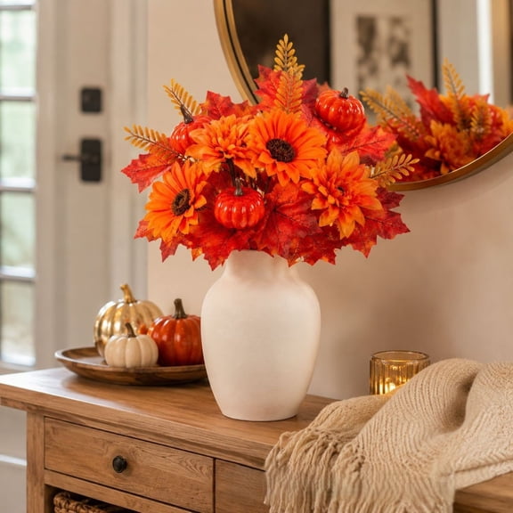 Thanksgiving Floral Pick, Maple Leaf Sunflower Pumpkin Decor, Fall Harvest Halloween Decoration, Autumn Holiday Table Centerpiece, Party Home Mantel Arrangement