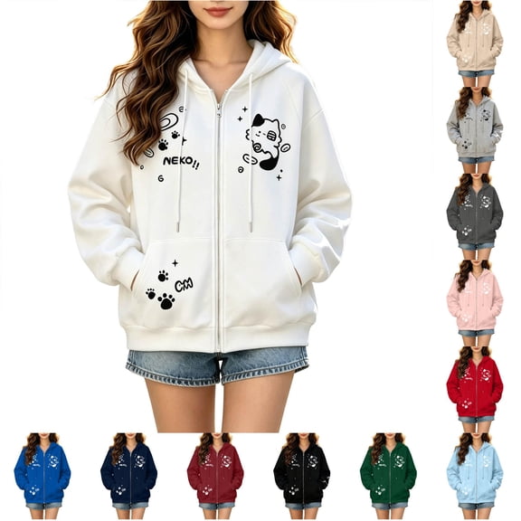 FYDUU Zip Up Hoodies for Women Cute Graphic Cat Print Hooded Sweatshirt Jacket Casual Outwear with Pockets Fall Clothes