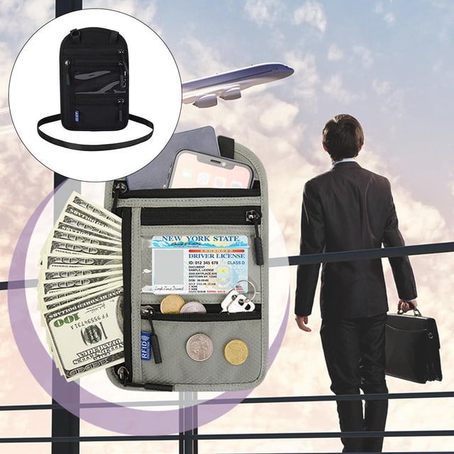 Porta pasaportes, Accesorios con bloqueo Seguro con funda protectora de correa larga, Bolsa para el cuello, Bolsa para tarjeta de crédit negro DYNWAVEMX bolsa de pasaportes