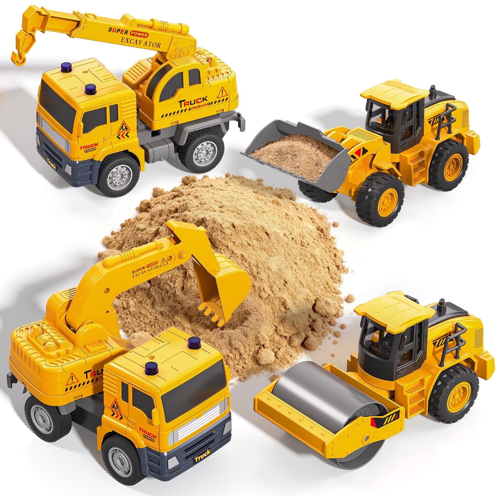 Lucky Doug ConstructionTruck Toy, 4 in 1 Construction Vehicle Toys - Excavators, Cranes, Bulldozer, Road Roller, Truck Toy for 3-6 Years Old Boy