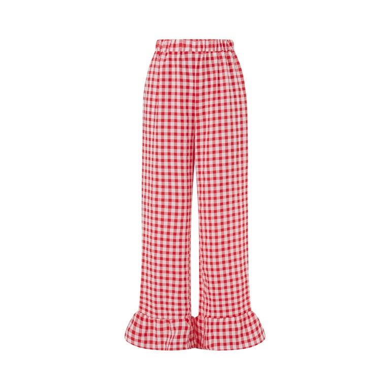 Women Ruffle Gingham Pants Cute Plaid Wide Leg Lounge Pants Women Ruffle Gingham Pants Cute Plaid Wide Leg Lounge Pants