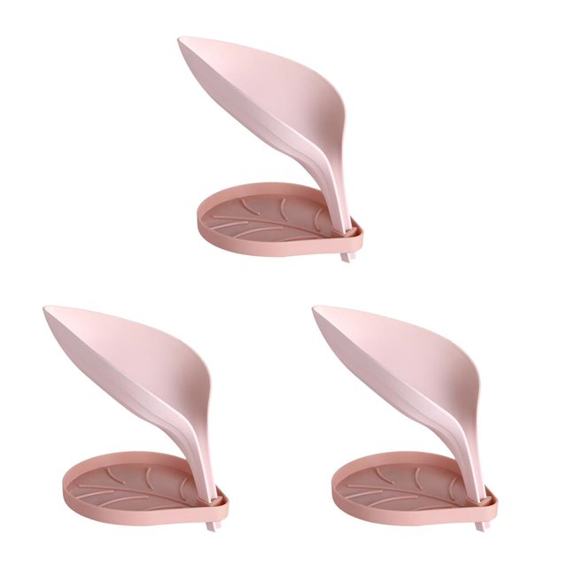 ziyahi Portable Soap Rack Leaf Shape Soap Cleaning Sponge Holder Drain Box Soap Drying Stand Rack with Suction Cups Soap Storage Box pink 3Set