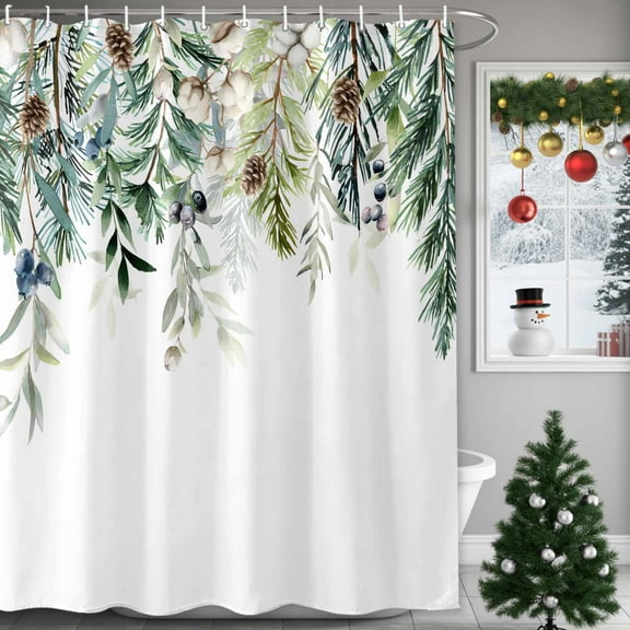 Winter Evergreen Bough Shower Curtains for Bathroom, Christmas Pine Cone Cotton Waterproof Fabric Shower Curtain for Bathroom Bathtub Decoration, Machine Washable, 60"x72"
