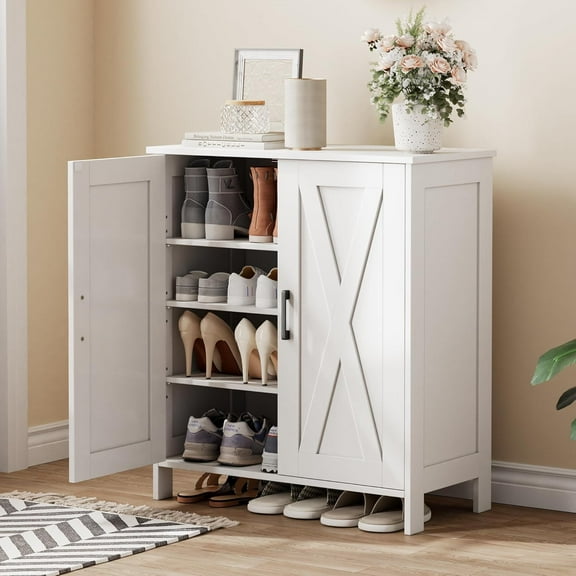 Farmhouse Shoe Cabinet with 2 Barn Doors &  , 5-Tier Shoe Storage Cabinet with 3 Adjustable Shelves, Tall Shoe Rack Organizer for Closet, Shoe Organizer for Entryway, Hallway, White