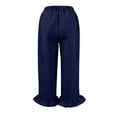 thumbnail image 3 of Women's Ruffled Hem Capri Pants - High Waist Cotton Linen Casual Wide Leg Trousers with Pockets ,Navy,XL, 3 of 7