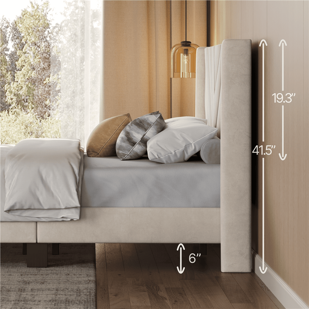 Renwick Upholstered Platform Bed Frame with Wooden Slat Support, King, Beige