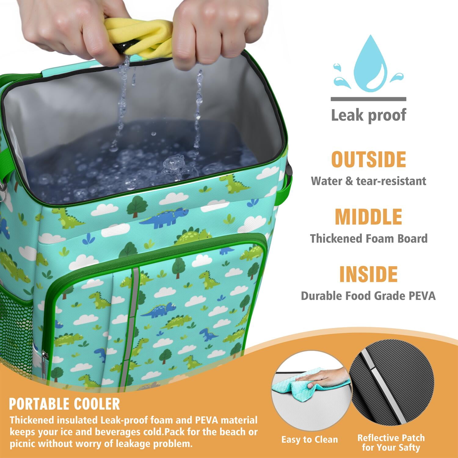 Travel Cooler Bag - LightBlue Cartoon Dinosaurs Trees Clouds Pattern Camping Beer Cooler Backpack with Bottle Opener- Waterproof Insulated Picnic Backpacks - Cooler Bag for Beach