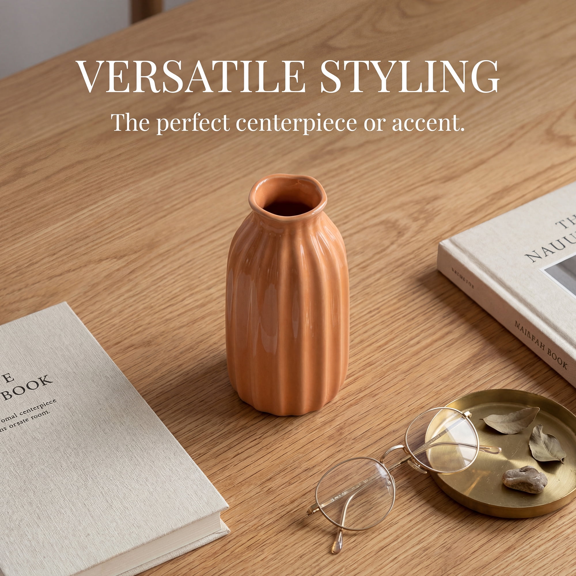 Unique Bargains Small Ceramic Vase Matte Ribbed Decorative Flower Vase for Bathroom Orange