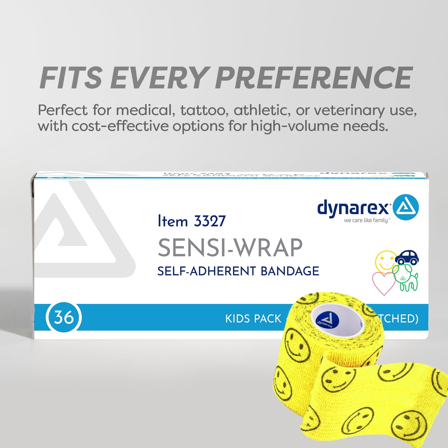 Dynarex Sensi-Wrap Self-Adhesive Bandages, 36-Pack, 2" x 5 yards, Assorted Colors - for Kids, Latex-Free, Colored Elastic Cohesive Athletic Tape, Tattoo Grip & Vet Wrap