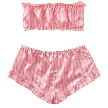 

DNDKILG Ruffle Silk Two-Piece Sleepwear Nightwear for Women Strapless Crop Top and Shorts Sets Striped Pj Set Pajamas Set Loungewear Pink XL