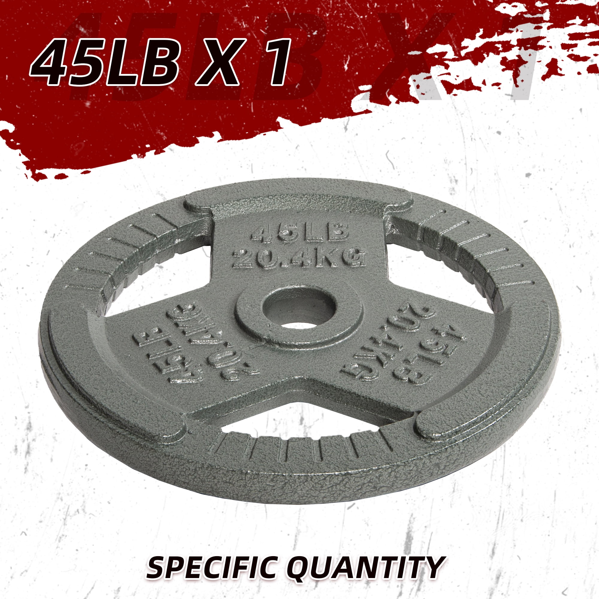 Signature Fitness Olympic Cast Iron Weight Plate, 45LB Single Plate, 2IN Center Hole, Tri-Grip Design, Light Gray with Gray Lettering