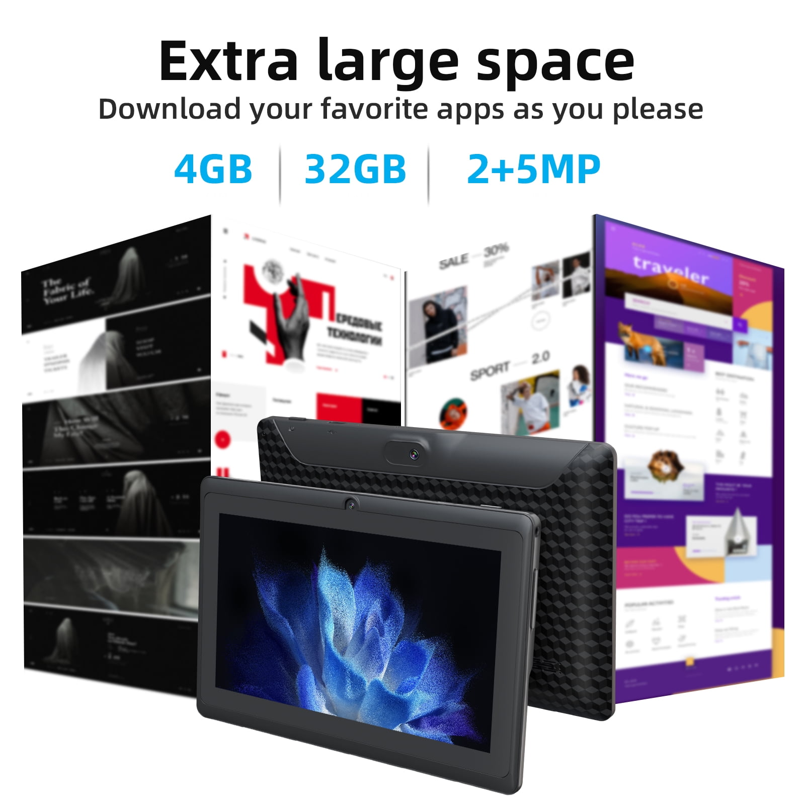 Android Tablet 7 inch, Android Tableta 32GB Storage 1024GB SD Expansion Tablets PC, Quad-core Processor 1280x800 IPS HD Touchscreen Dual Camera Tablets, Support WiFi Bluetooth, 3000 mAh Battery.