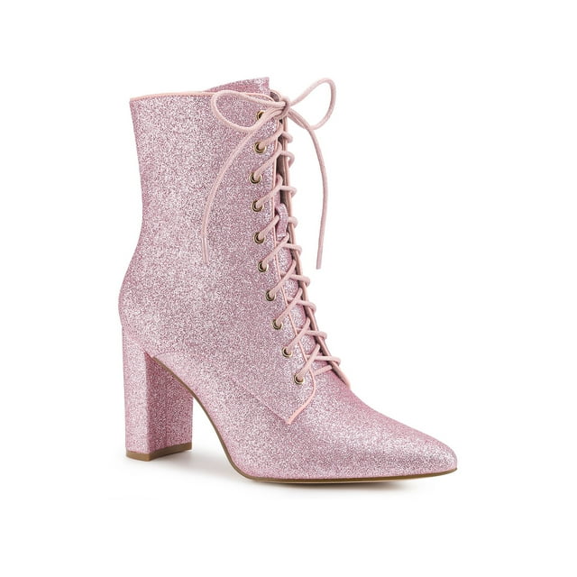Unique Bargains Women's Pointy Toe Block Heel Glitter Ankle Boots