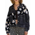 thumbnail image 3 of Women Cropped Corduroy Shacket Daisy Floral Button Down Fleece Varsity Crop Jacket Fall Patchwork, 3 of 7