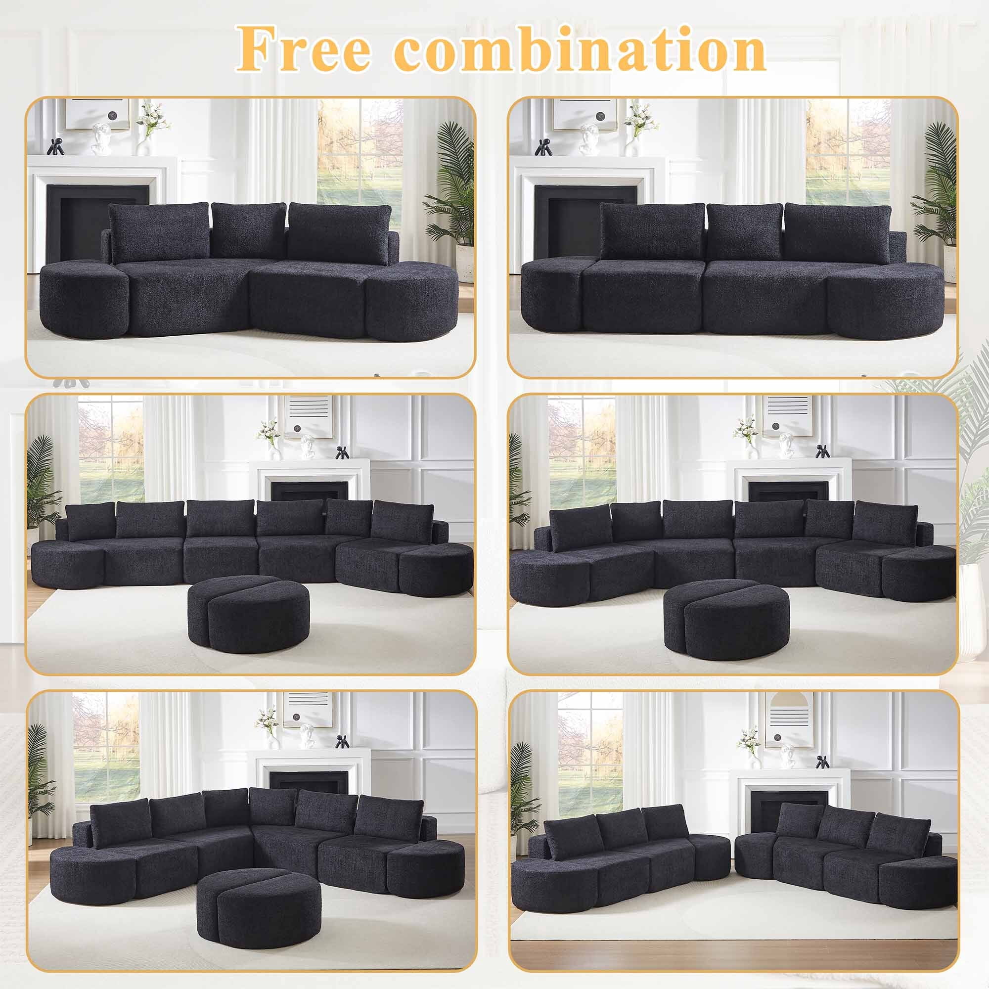 Lunale 106" Oversized Modular Sectional Sofa with 2 Curved Movable Ottomans,Boneless Cloud Couch for Living Room, Black (Left Chaise)