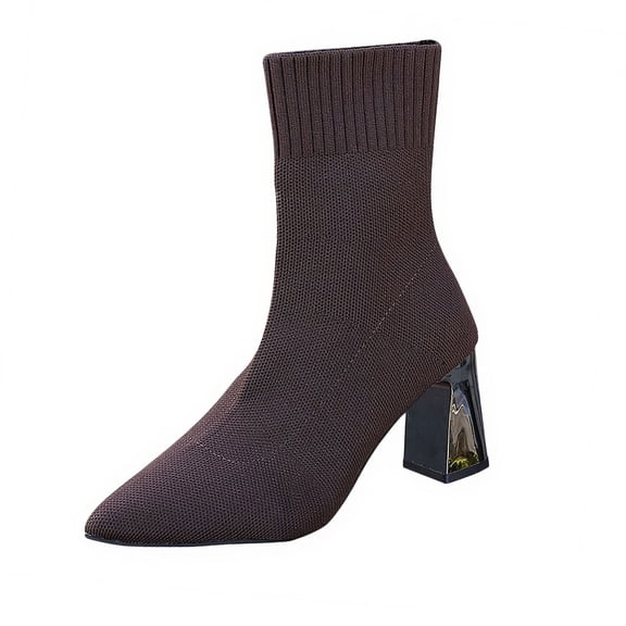 Xfvqtps Chunky Heel Ankle Boots for Women Knit Stretch Sock Booties Square Toe Slip on Winter Boots Comfortable Fashion Casual Shoes Brown