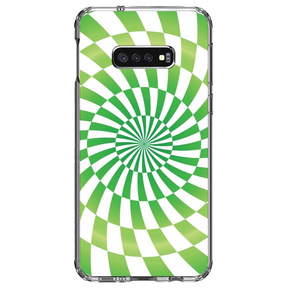 DistinctInk Clear Shockproof Hybrid Case for Samsung Galaxy S10e (5.8" Screen) - TPU Bumper, Acrylic Back, Tempered Glass Screen Protector - Green White Swirl Geometric