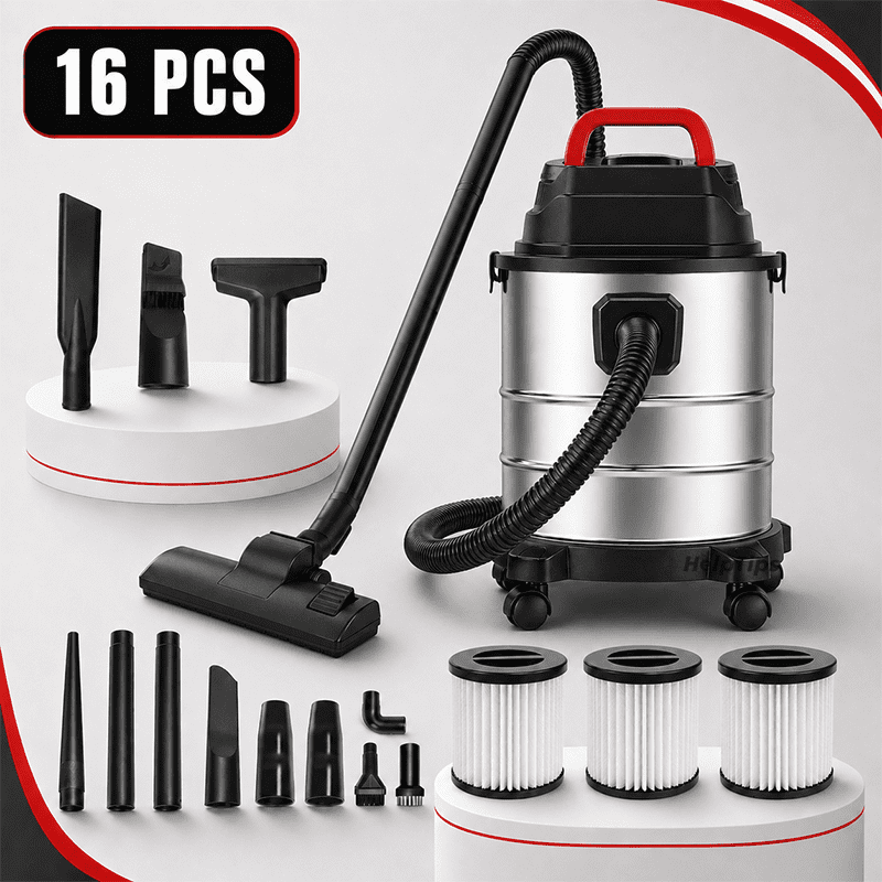 6.5 Gallon 1.6 HP Wet/Dry Vacuum, Stainless Steel Tank, Portable Shop Vacuum with Wheels, Includes 3Filters, Hose & Accessories, Ideal for Garage and Workshop