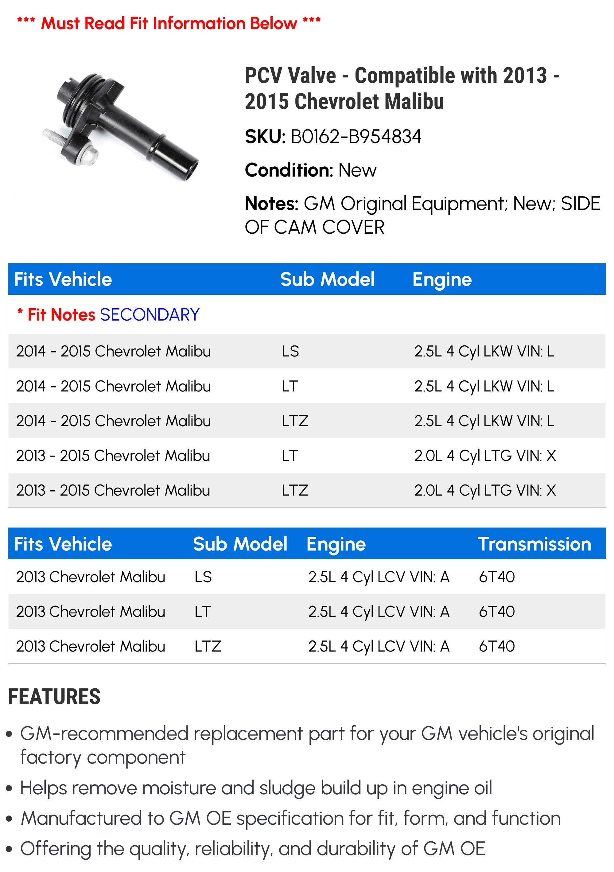 PCV Valve - Compatible with 2013 - 2015 Chevy Malibu 2014