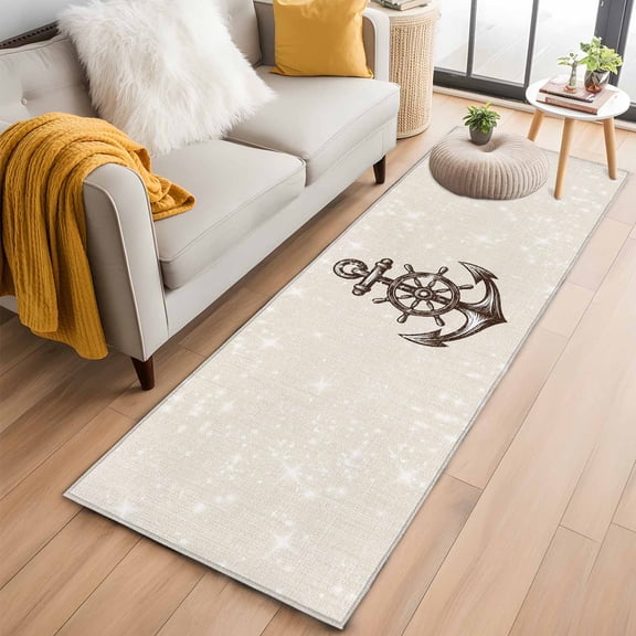 Nautical Anchor 2'x6' Runner Rugs for Hallway Kitchen Bedside Non Slip Washable, Vintage Coastal Rudder Farmhouse Beige Entryway Rug Runners with Rubber Backing, Long Carpet Runner for Laundry Room
