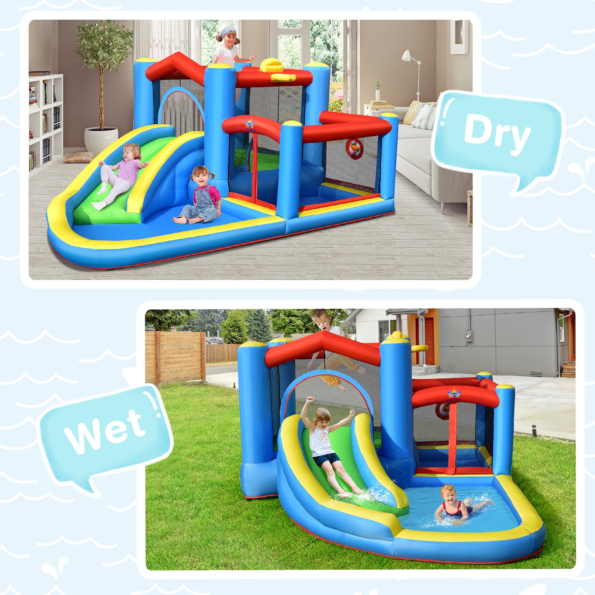 Costway Inflatable Kids Water Slide Outdoor Indoor Slide Splash Pool with 480W Blower