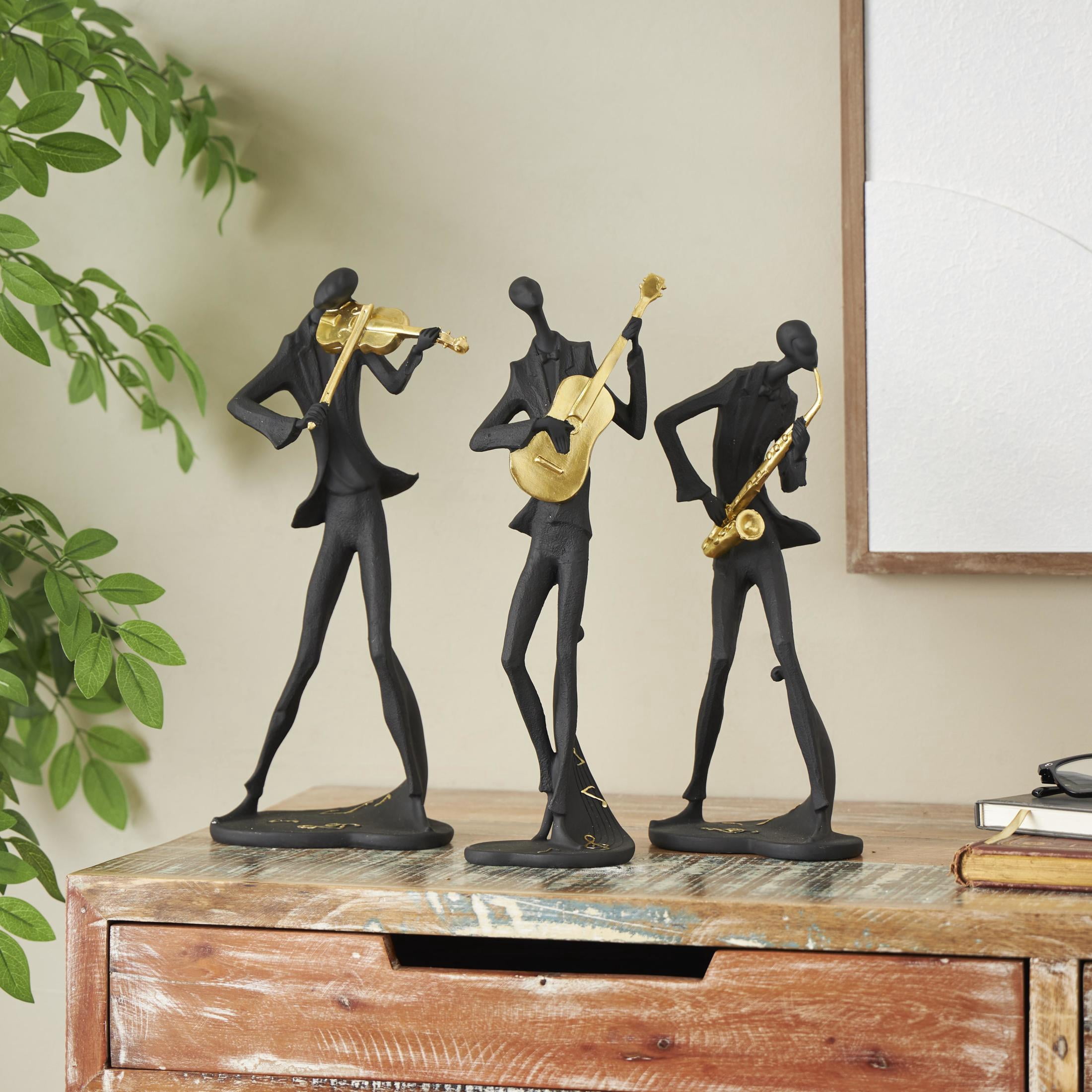 15", 13", 15"H Black Polystone Abstract Musician Sculpture with Gold Instruments and Music Notes, by DecMode (3 Count)