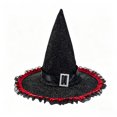 thumbnail image 3 of RUTAYY Women's Halloween Witch Hat Ruffled Mesh Edge Rhinestone Buckle Accent Wide Brim Party Hats Black, 3 of 3