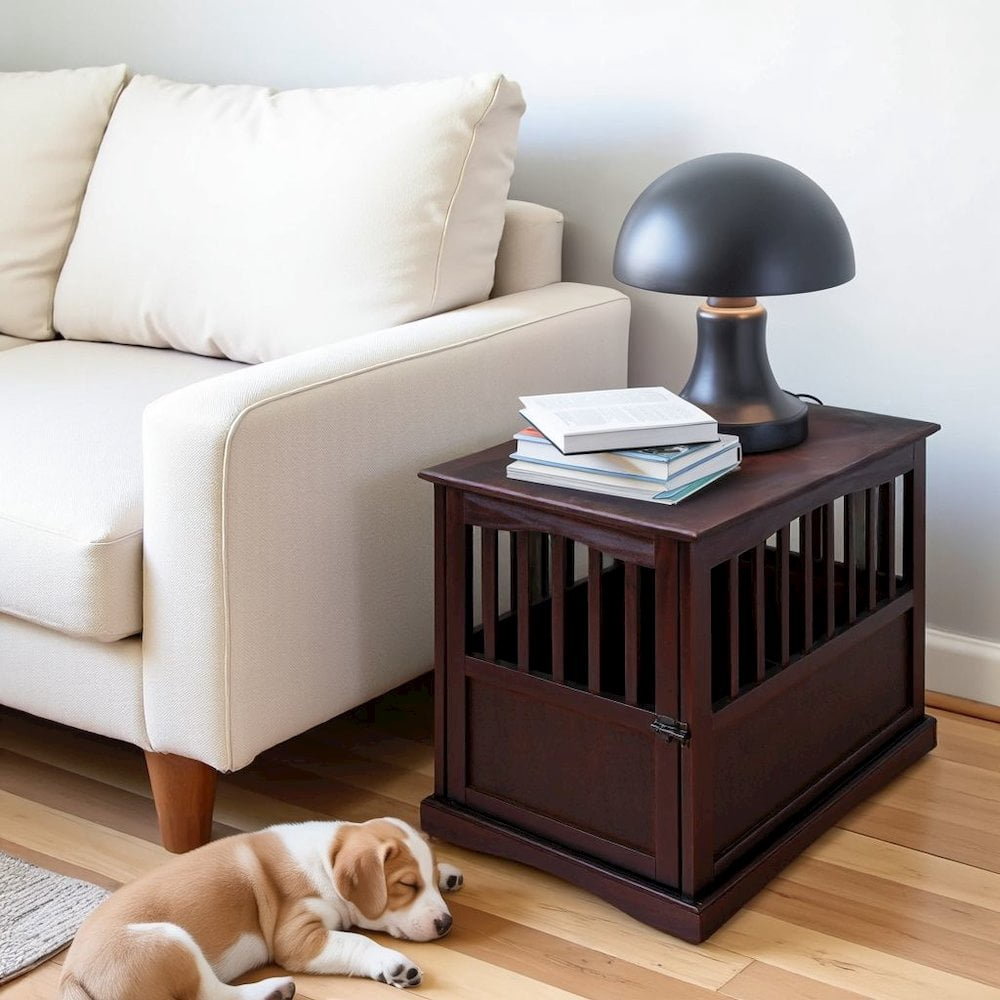 FurniFact Brown Dog Kennel Furniture with Gate, Solid Wood Dog Crate End Table