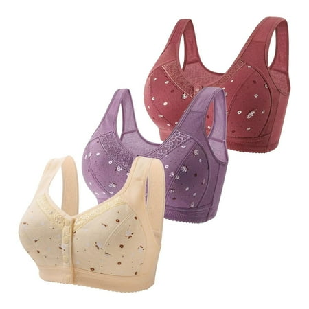 DondPO Bras for Women 3 Pack Bras For Older Women 2024 Front Close Button Cotton Bras Comfortable Full Support Wide Back No Underwire Bras Push Up Bra Plus Size Bras for Women Clearance Blue 50