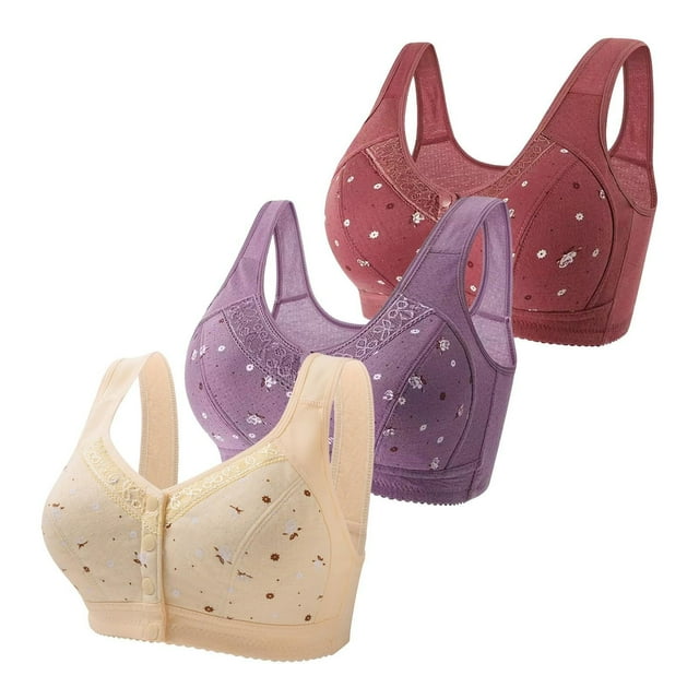 Hemlock 3 Pack Front Close Cotton Bras, 3 Pack Front Close Cotton Bras, Full Support, Wide Back, No Underwire, 3PC, Blue Daisy Print Bras, Blue 42, Size 38-50